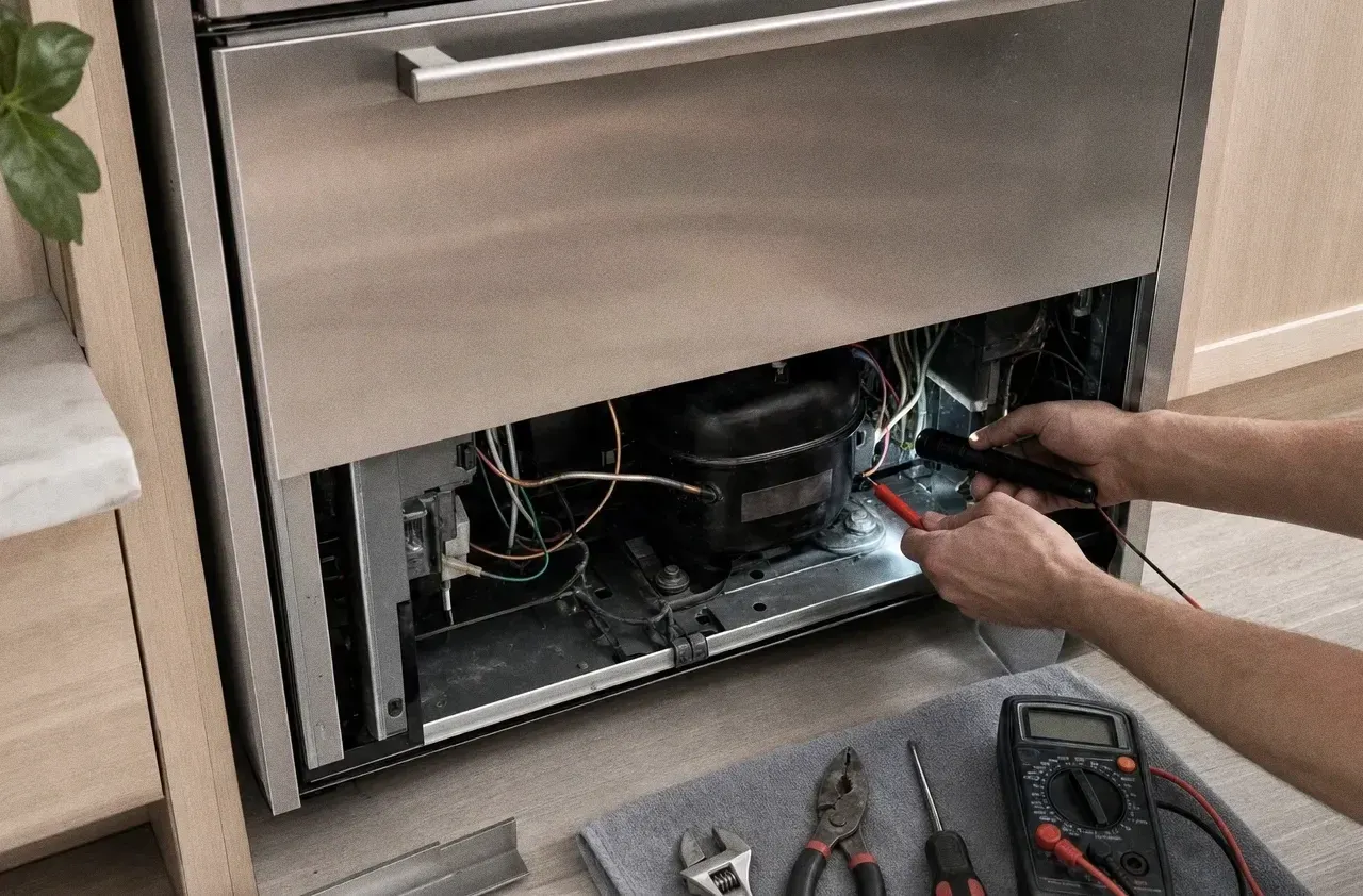 Under-counter stainless unit with its base panel removed, compressor and tubing exposed, pliers and hand tools on a mat alongside