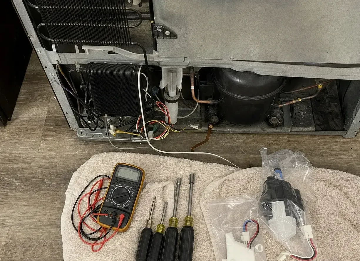 Rear of a refrigeration cabinet pulled clear of its housing showing the condenser coil and compressor, a towel below holding a multimeter, screwdrivers and a bagged part