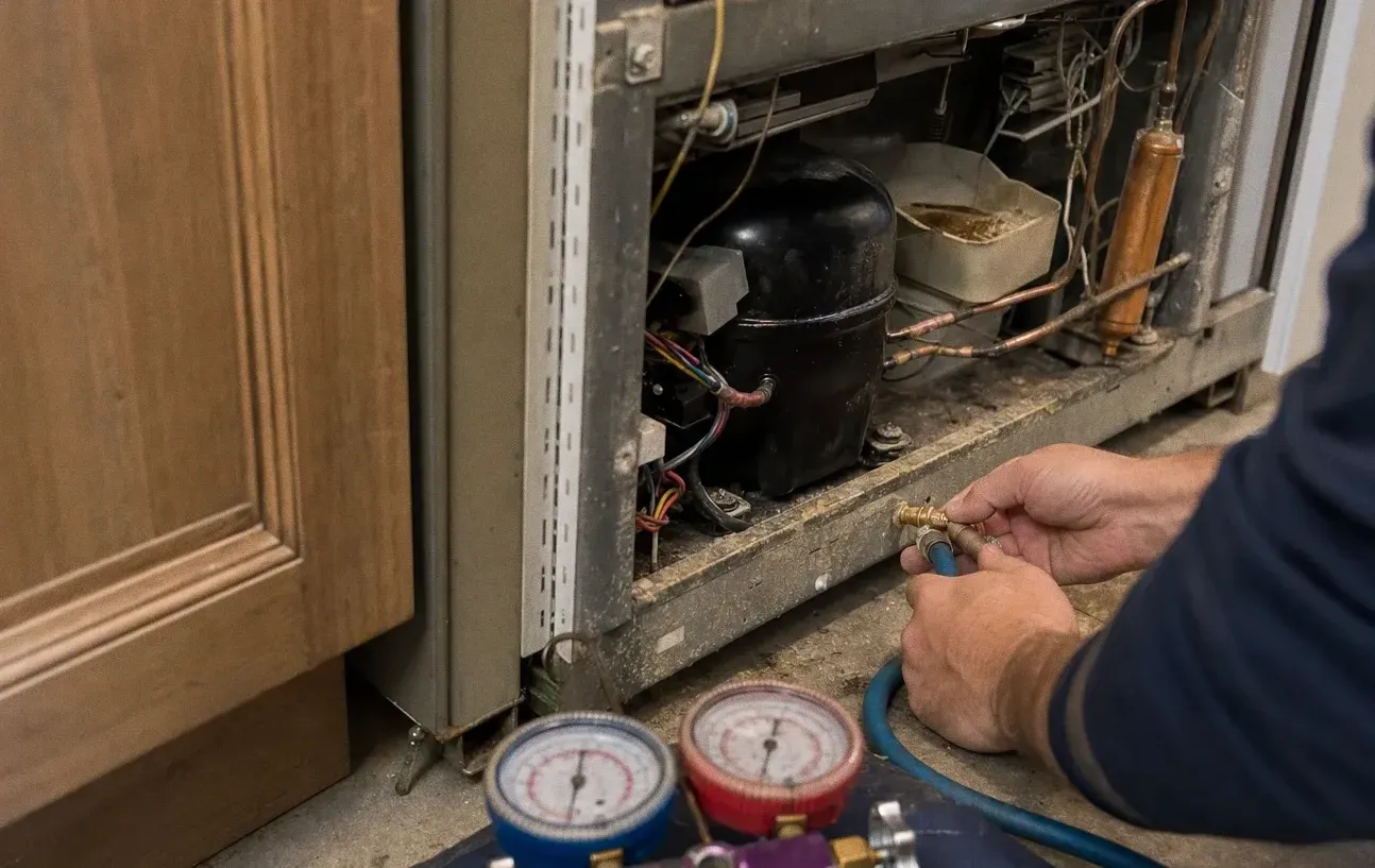 Built-in refrigerator drawn forward from wood cabinetry with the lower compartment open, compressor and copper lines visible, gauge set on the floor