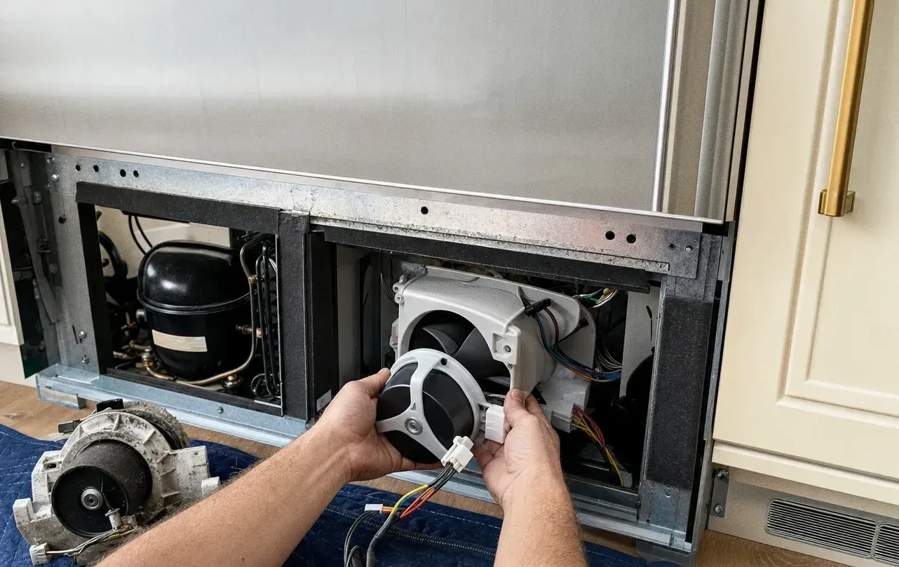 A condenser fan and shroud held in both hands at an open machine compartment, a second fan motor set down on the floor
