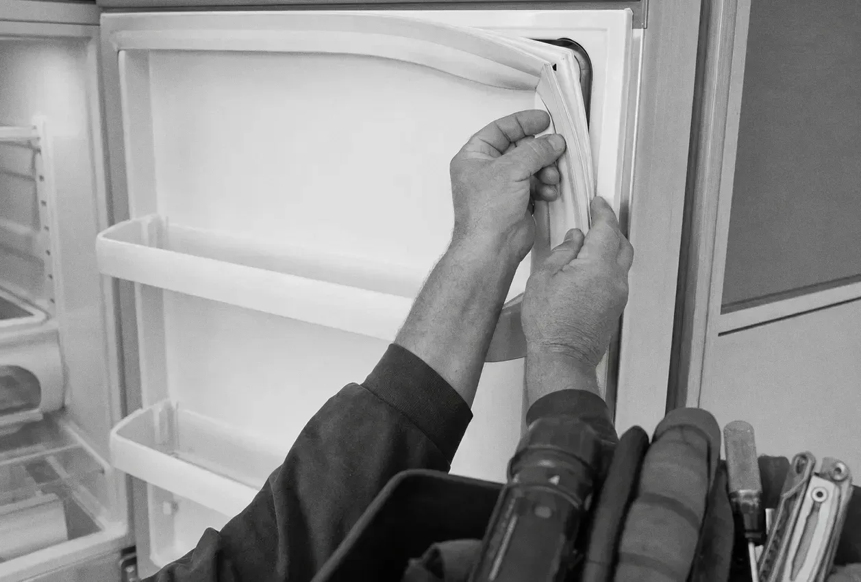 Hands fitting a moulded door shelf inside a white refrigerator cabinet, a tool pouch at the edge of the frame