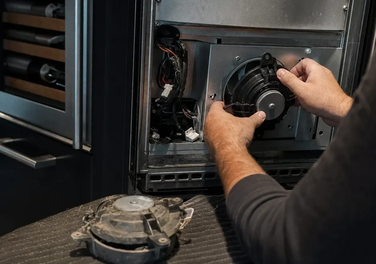 A round black fan motor being drawn out of an open compartment beside a glass-door wine cabinet stocked with bottles