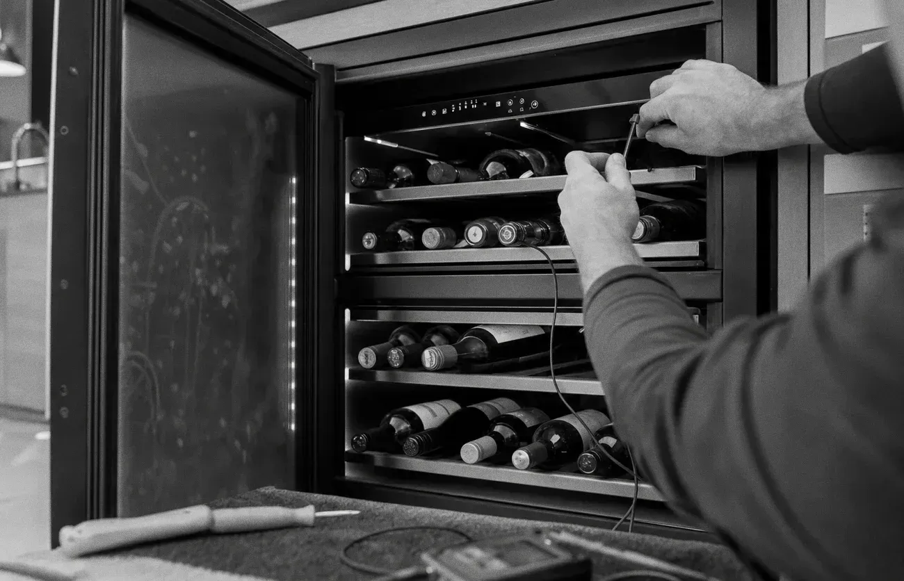 Hands drawing a wire rack out of a black glass-door wine cabinet filled with bottles